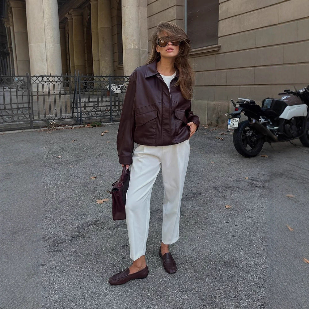 Damen Lederjacke mit Taschen und sportlichem Schnitt Drune