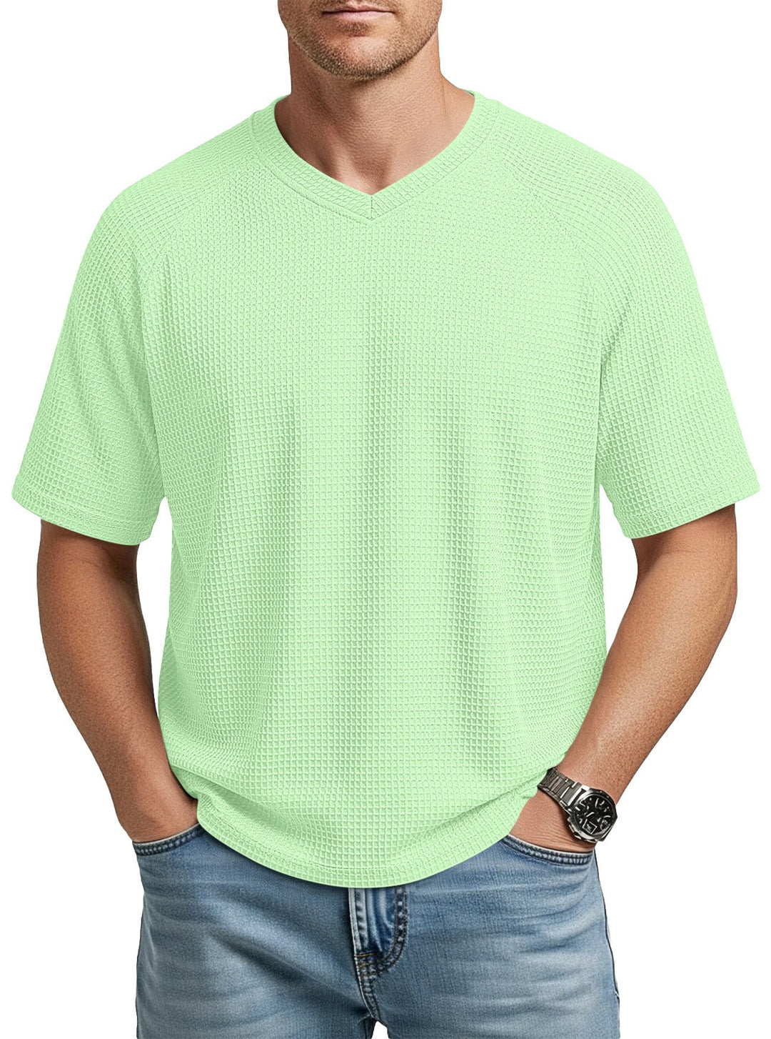 Herren nan lässiges V-Ausschnitt Waffelstrick-T-Shirt aus atmungsaktivem Baumwollmix Drune
