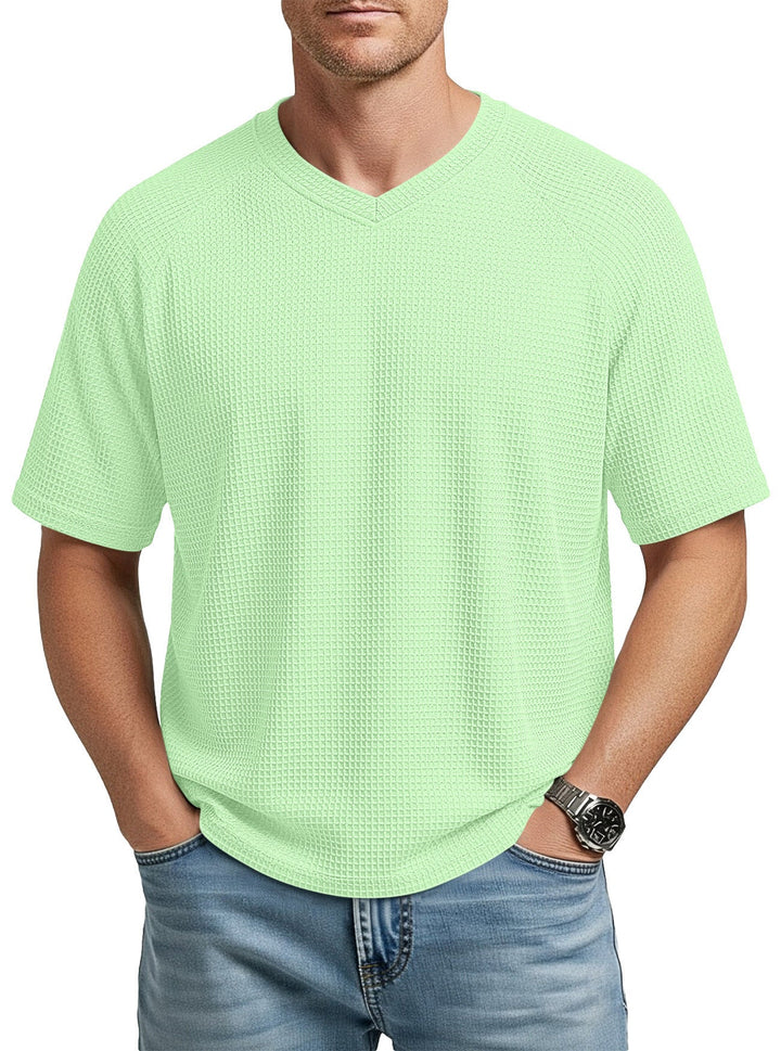 Herren nan lässiges V-Ausschnitt Waffelstrick-T-Shirt aus atmungsaktivem Baumwollmix Drune