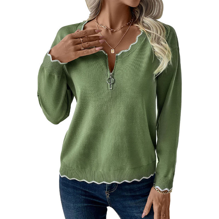 Damen lässiger Strickpullover mit dekorativem Kragen und modischer Zipper-Detail Drune