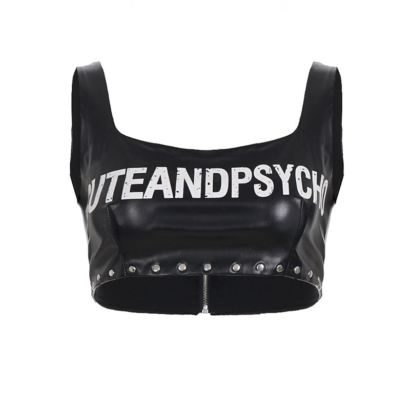 Damen Leder-Crop-Top mit auffälligem Schriftzug und Nietenverzierung Drune