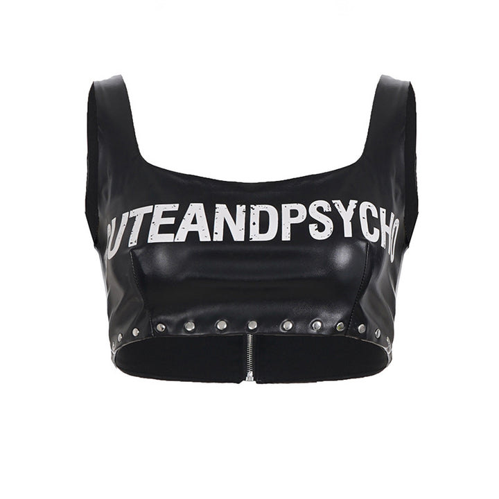 Damen Leder-Crop-Top mit auffälligem Schriftzug und Nietenverzierung Drune
