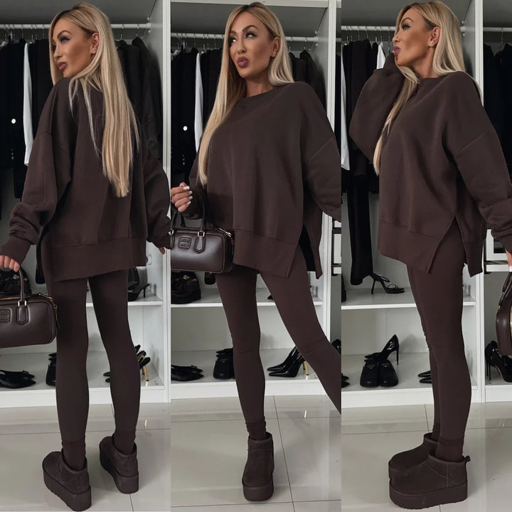 Damen nan Oversize Sweatshirt mit taillierten Rib-Leggings Set Drune
