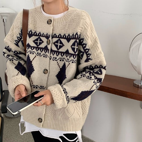 Damen Grobstrickjacke mit dekorativem Norwegermuster Drune