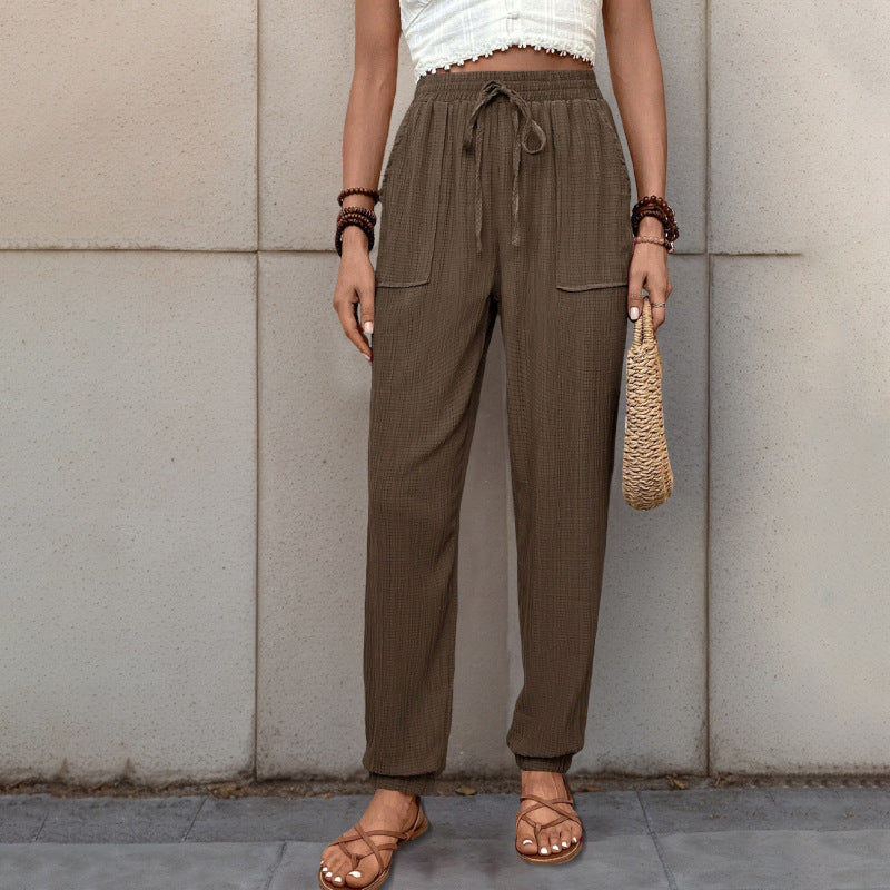 Damen elastische Freizeit-Hose mit seitlichen Taschen und Kordelzug Drune