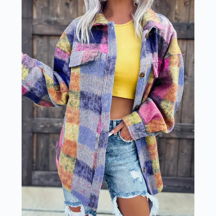 Damen Karo Oversize-Hemdjacke aus weichem Wollmaterial mit praktischen Taschen Drune