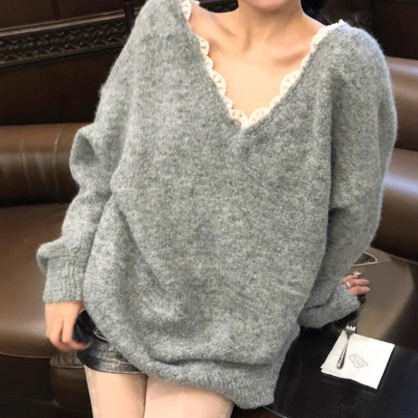 Damen Oversized Strickpullover mit V-Ausschnitt und zartem Spitzenrand Drune