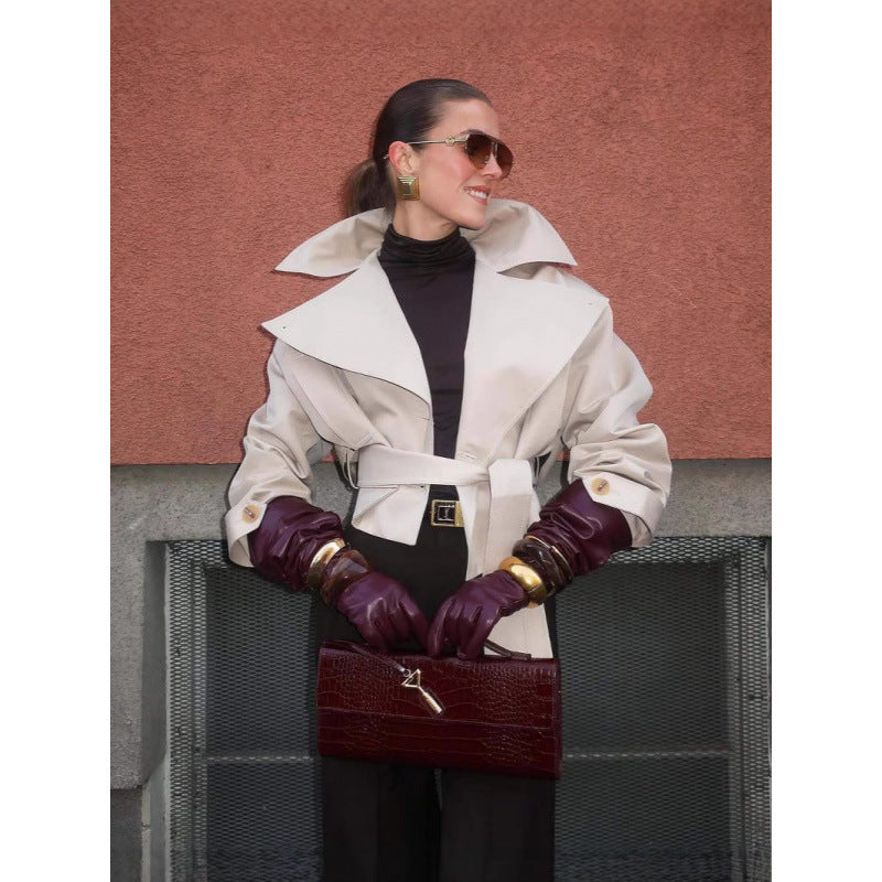 Damen modische Trenchjacke mit breitem Kragen und Taillengürtel Drune