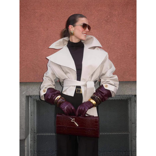 Damen modische Trenchjacke mit breitem Kragen und Taillengürtel Drune