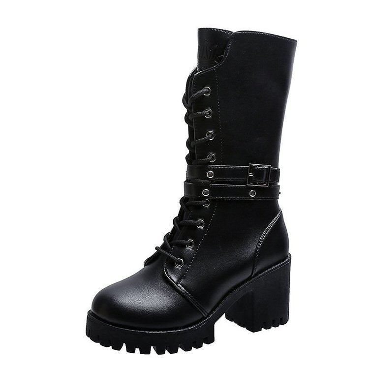 Damen nan mittelhohe Schnürstiefel mit Profilsohle, Blockabsatz und Ziergurt Drune