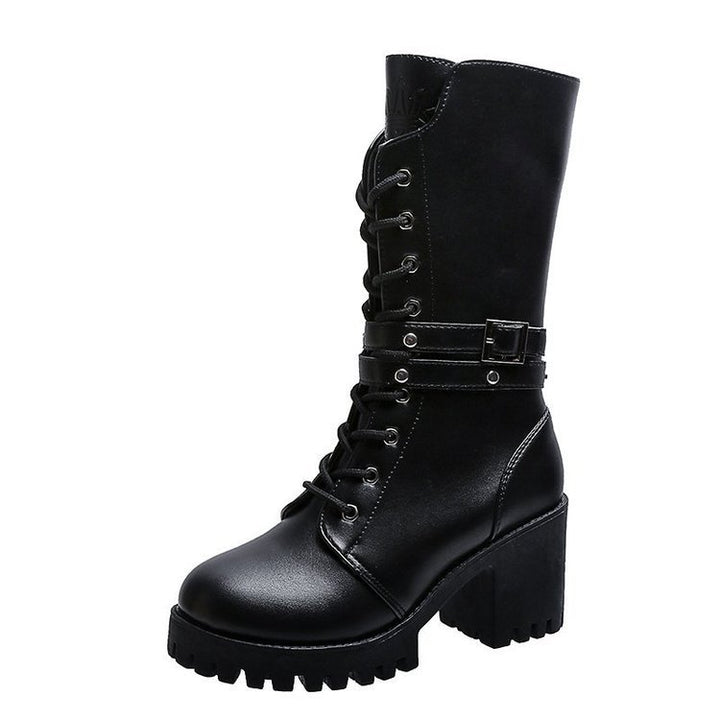 Damen nan mittelhohe Schnürstiefel mit Profilsohle, Blockabsatz und Ziergurt Drune