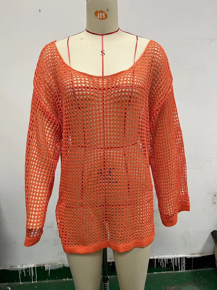 Damen lässiger Netzpullover mit weitem Schnitt und U-Boot-Ausschnitt Drune