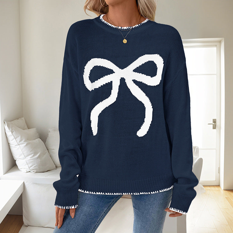Damen Strickpullover mit festlichem Schleifenmotiv und lässigem Schnitt Drune