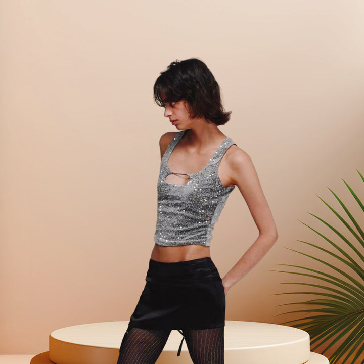 Damen Glitzerndes Crop-Top mit schimmerndem Effekt und scoop-cut Ausschnitt Drune