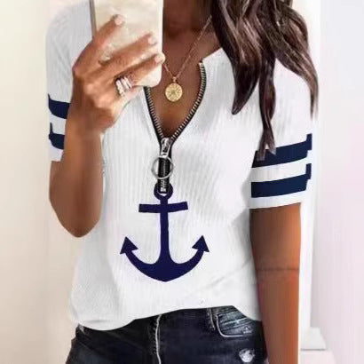 Damen Sportliches T-Shirt mit Reißverschluss und maritimen Motiven Drune