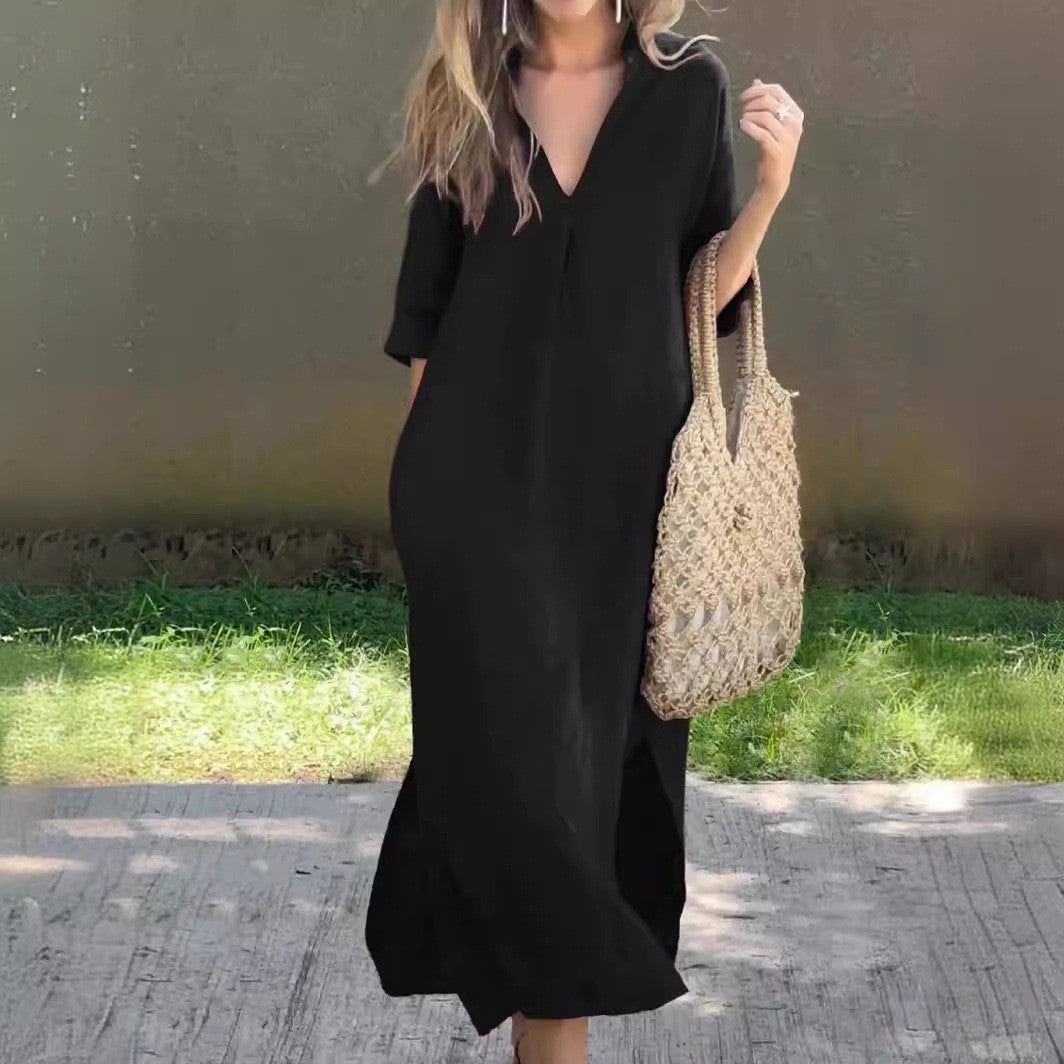 Damen Langes Leinenkleid mit V-Ausschnitt und seitlichen Schlitzen Drune