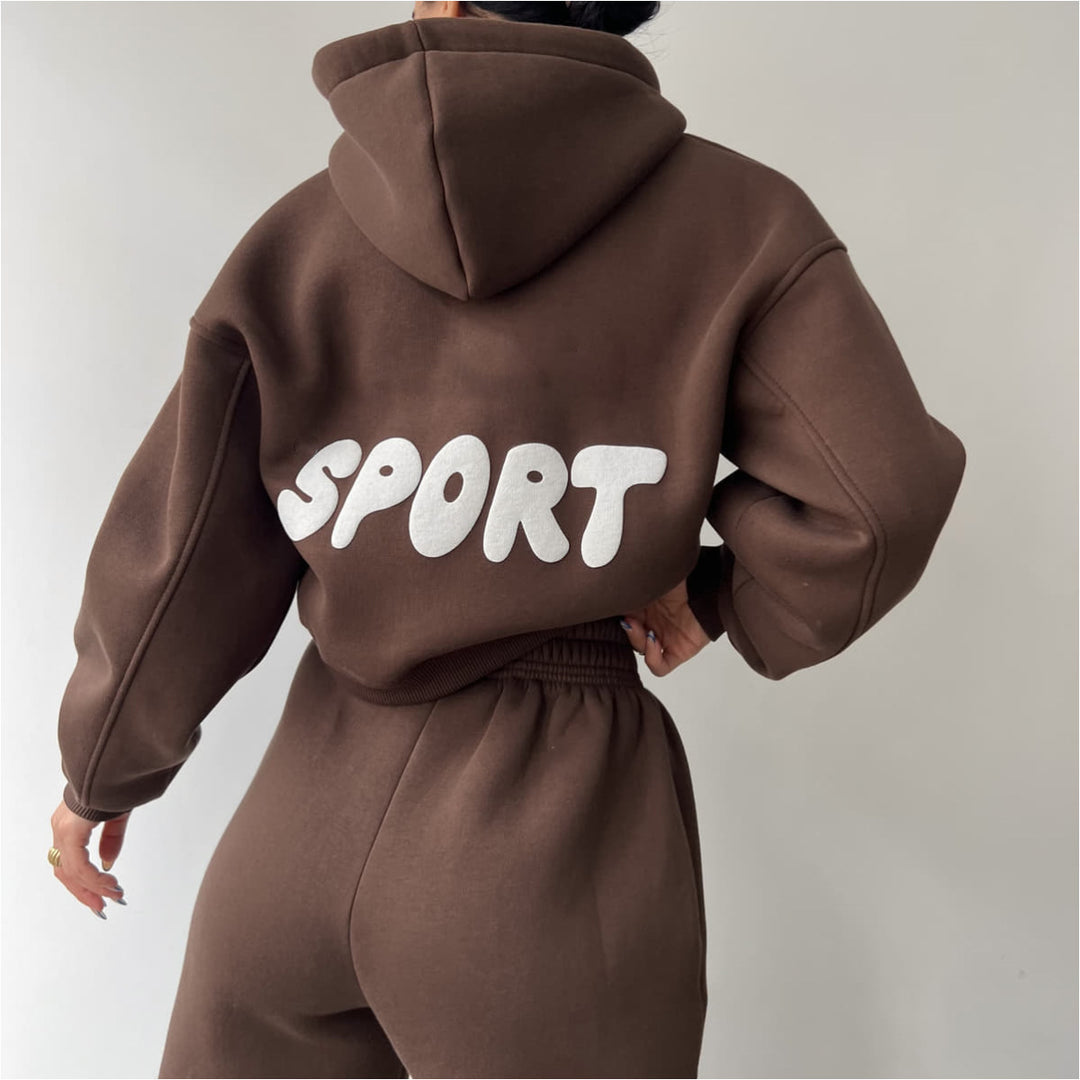 Damen modisches sportliches Set mit cropped Hoodie und weiten Jogginghosen Drune