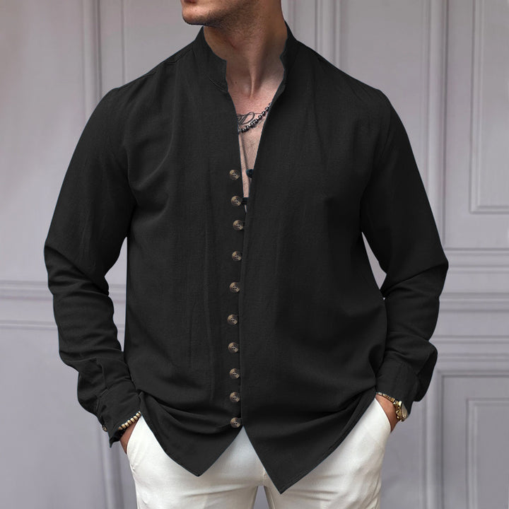 Herren nan elegantes Langarm-Leinenhemd mit Stehkragen asymmetrischer Knopfleiste und schmaler Passform Drune