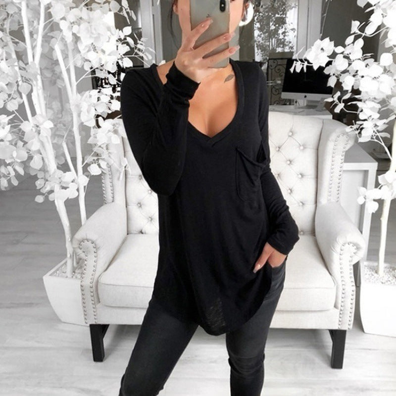 Damen Lässiges Langarmshirt mit tiefem V-Ausschnitt und Brusttasche Drune