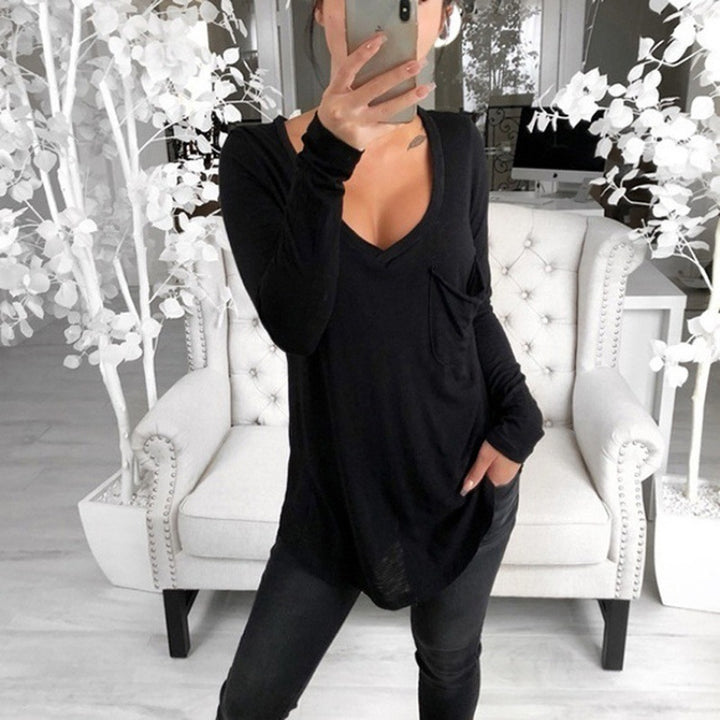 Damen Lässiges Langarmshirt mit tiefem V-Ausschnitt und Brusttasche Drune