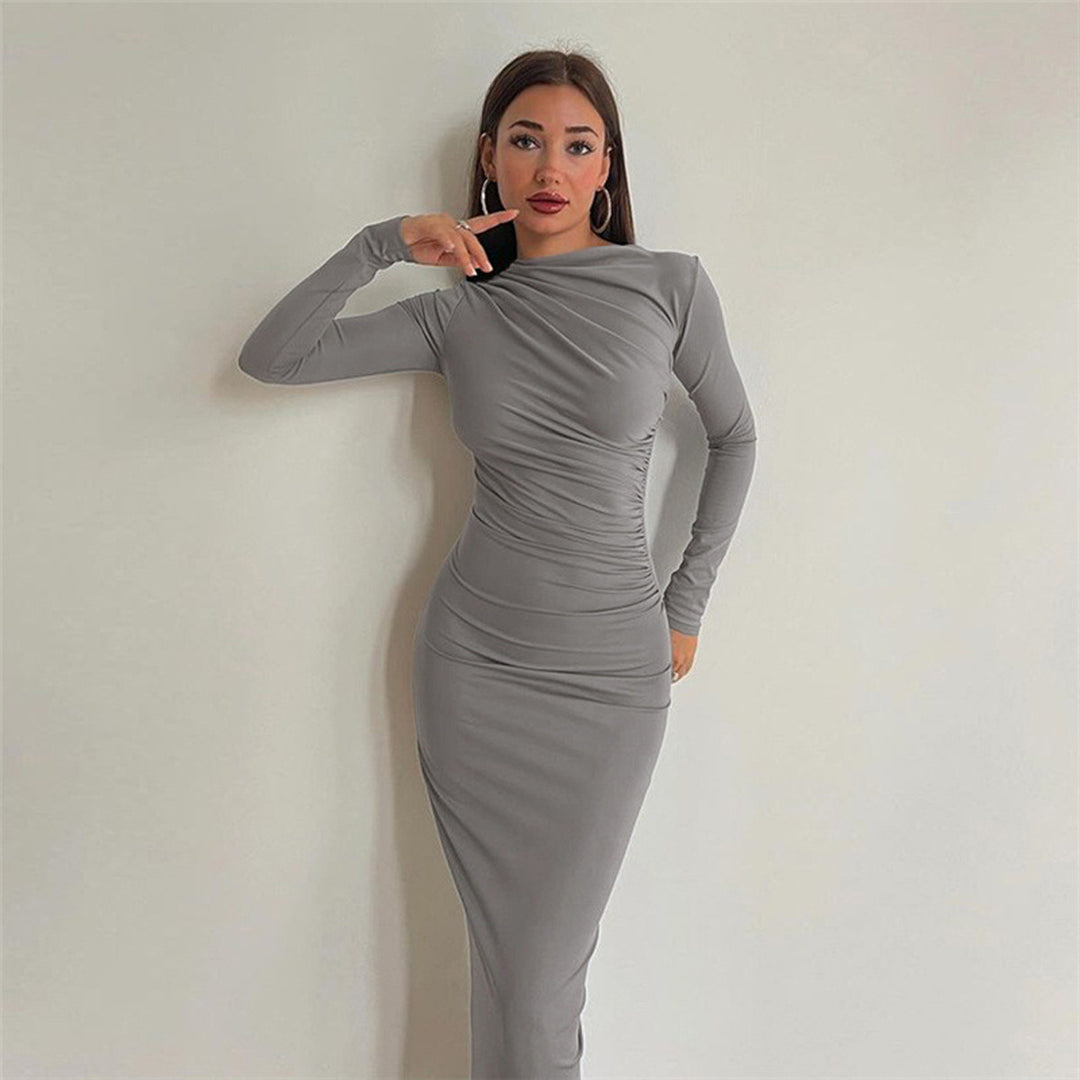 Damen nan gerafftes Maxikleid mit asymmetrischem Ausschnitt und taillierter Silhouette Drune