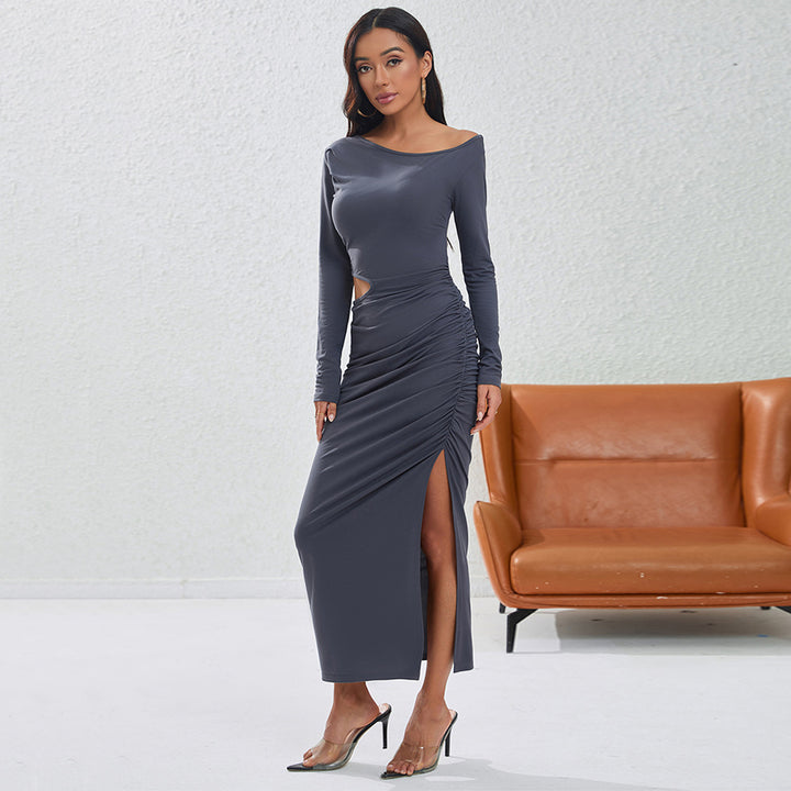 Damen Maxikleid mit seitlichen Rüschendetails und eleganter Drapierung Drune
