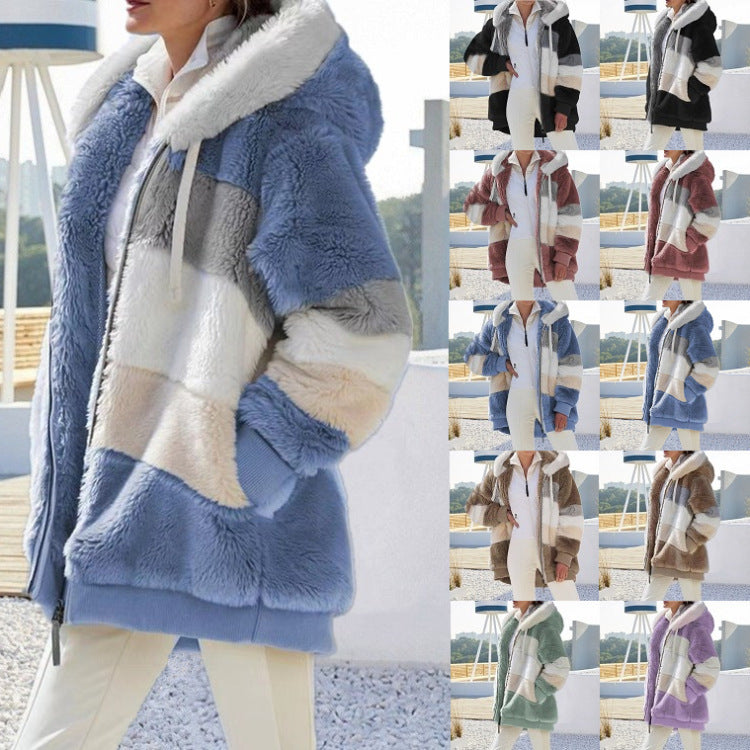 Damen nan Oversize Teddyfell-Kapuzenjacke mit Farbblock-Streifen, hochwertigem Reißverschluss und gerippten Bündchen Drune