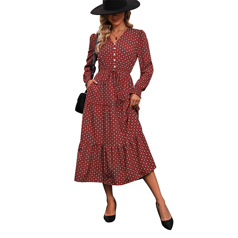 Damen Maxikleid mit dekorativem Knopfdesign und Rüschendetails Drune
