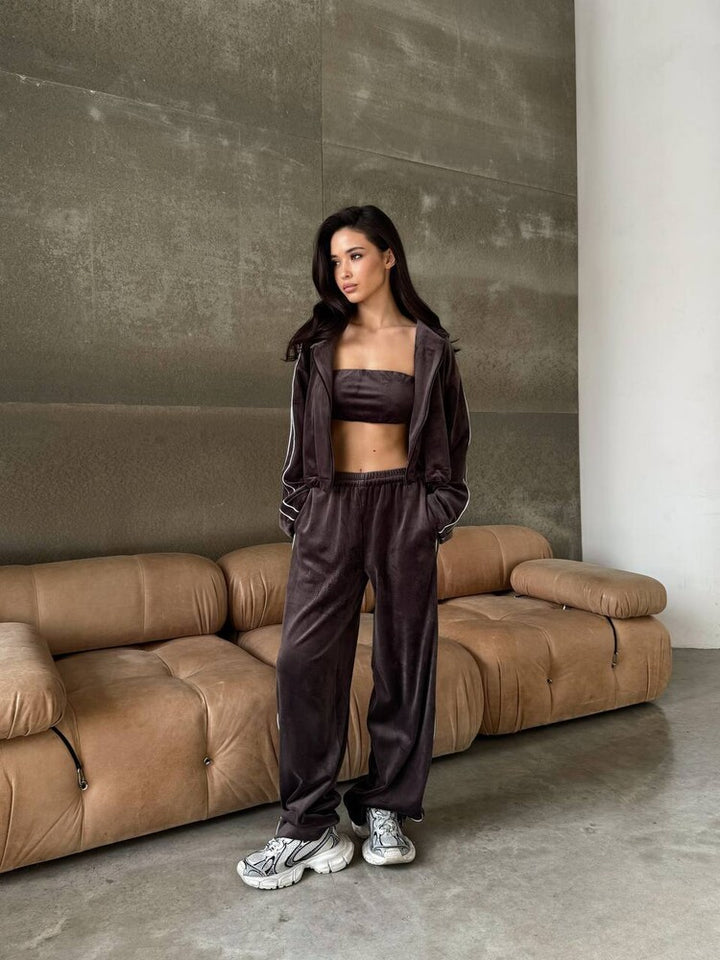 Damen luxuriöses Velours-Loungewear-Set mit cropped Oberteil und weitem Schnitt Drune
