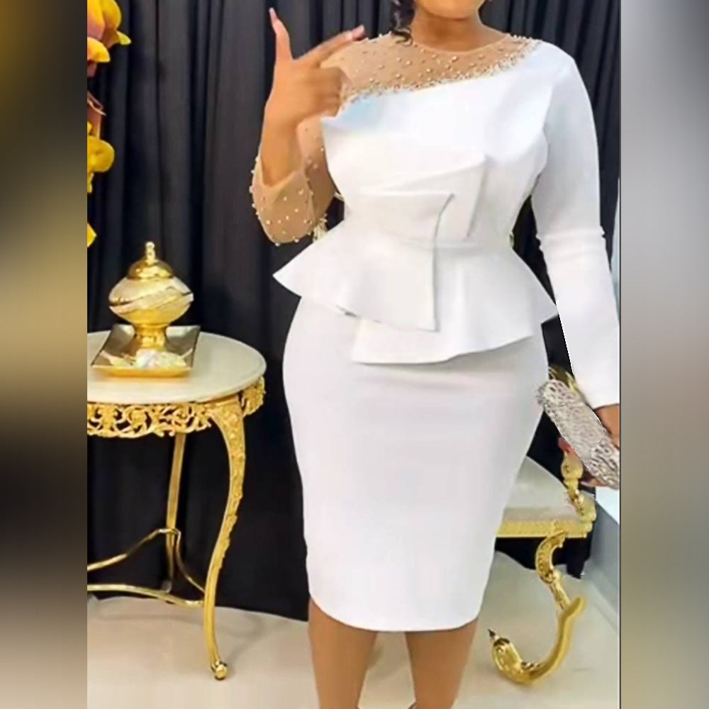 Damen Etuikleid mit transparenten Puffärmeln und dekorativem Peplum Drune