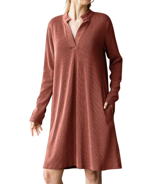 Damen lässiges Langarmkleid mit Knopfleiste und Taschen Drune