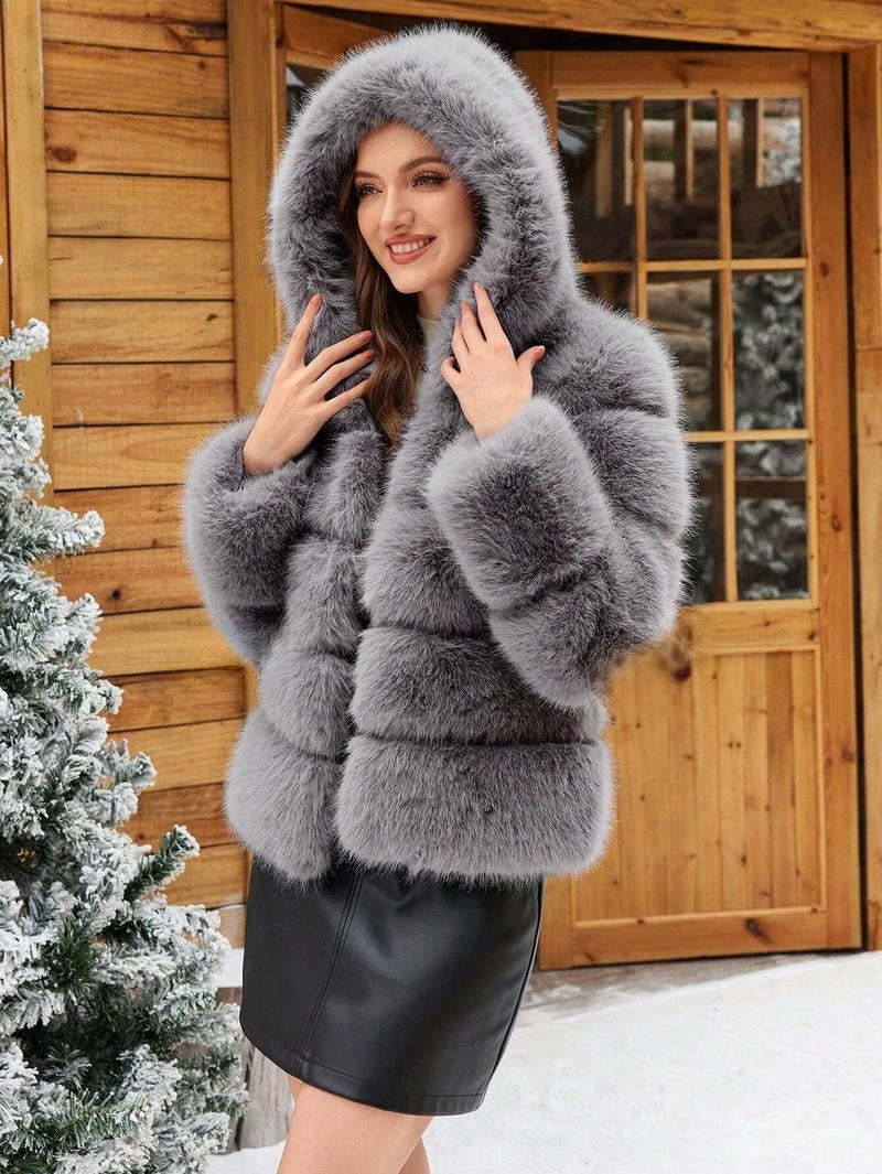 Damen Trendige Kunstpelzjacke mit Kapuze Drune