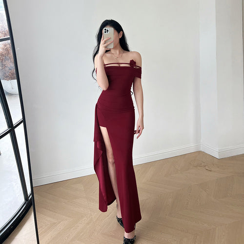 Damen elegantes Off-Shoulder-Maxikleid mit raffiniertem Schnitt und floralen Akzenten Drune