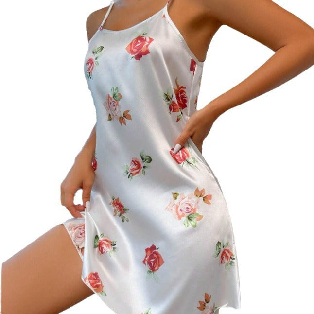 Damen Satin-Nachtkleid mit floralem Design und Spaghettiträgern Drune