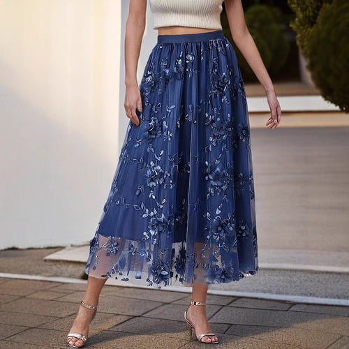 Damen Eleganter Tüllrock mit floralen Stickereien und elastischem Bund Drune