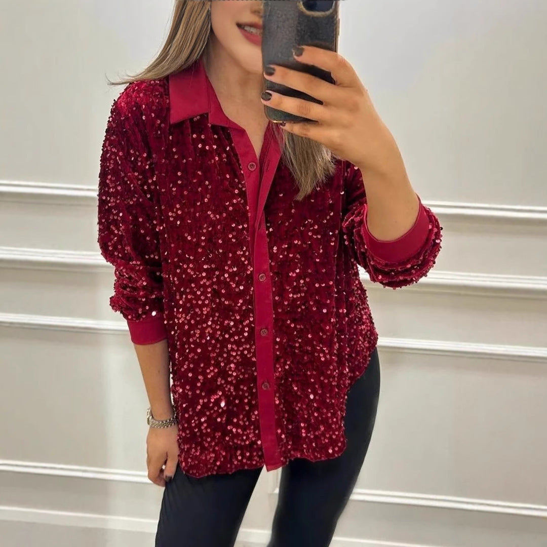 Damen Funkelnde Paillettenbluse mit klassischem Kragen Drune