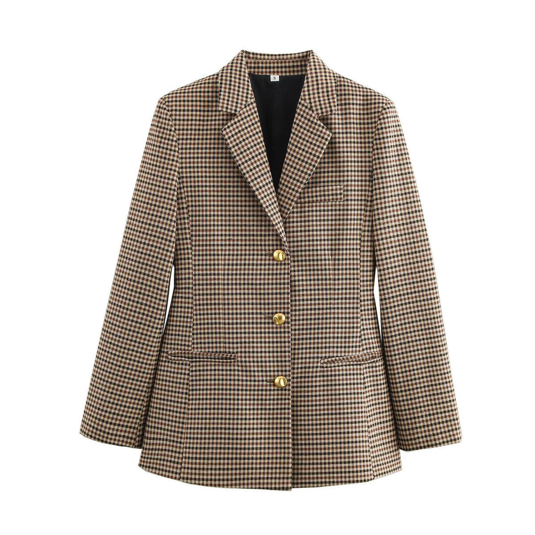 Damen karierten Blazer mit goldenen Knöpfen und praktischen Taschen Drune