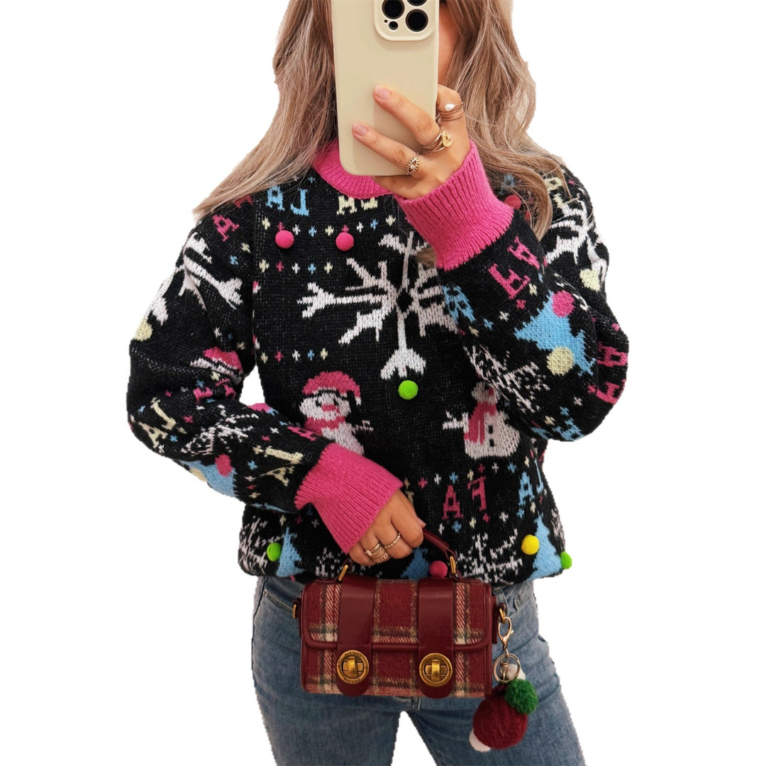 Damen festlicher Pullover mit farbenfrohen Weihnachtsmotiven und verspielten Details Drune