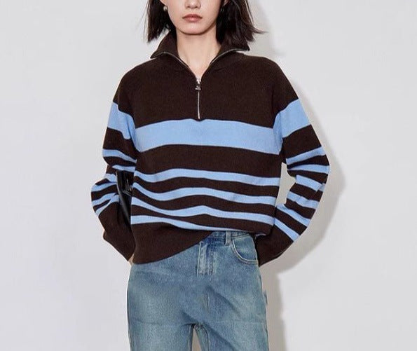 Damen gemütlicher Strickpullover mit modischem Halbzipverschluss Drune