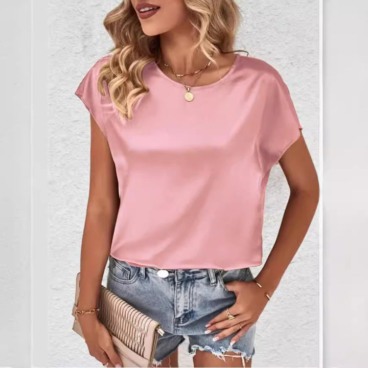 Damen Elegantes Satinoberteil mit lässigem Schnitt und kurzen Ärmeln Drune