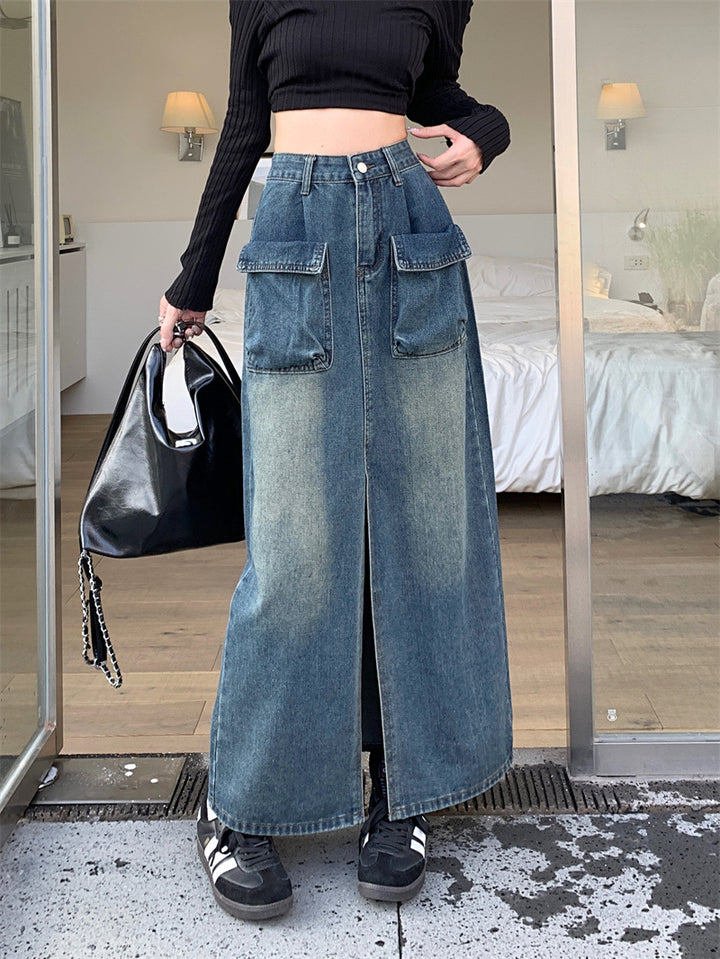 Damen Langer Denimrock mit praktischen aufgesetzten Taschen Drune