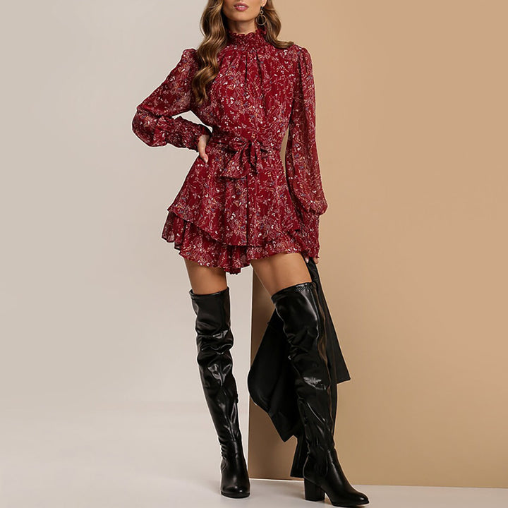 Damen Minikleid mit Rüschen-Details und hohem Kragen Drune