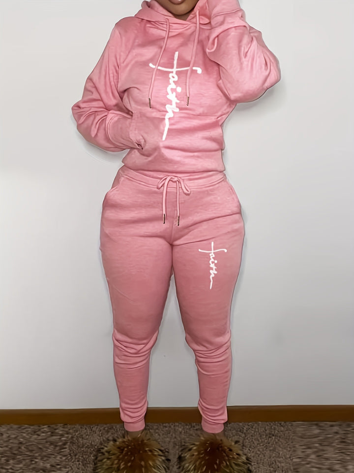 Damen komfortabler Hoodie- und Jogginghose-Set mit elegantem Schriftzug Drune