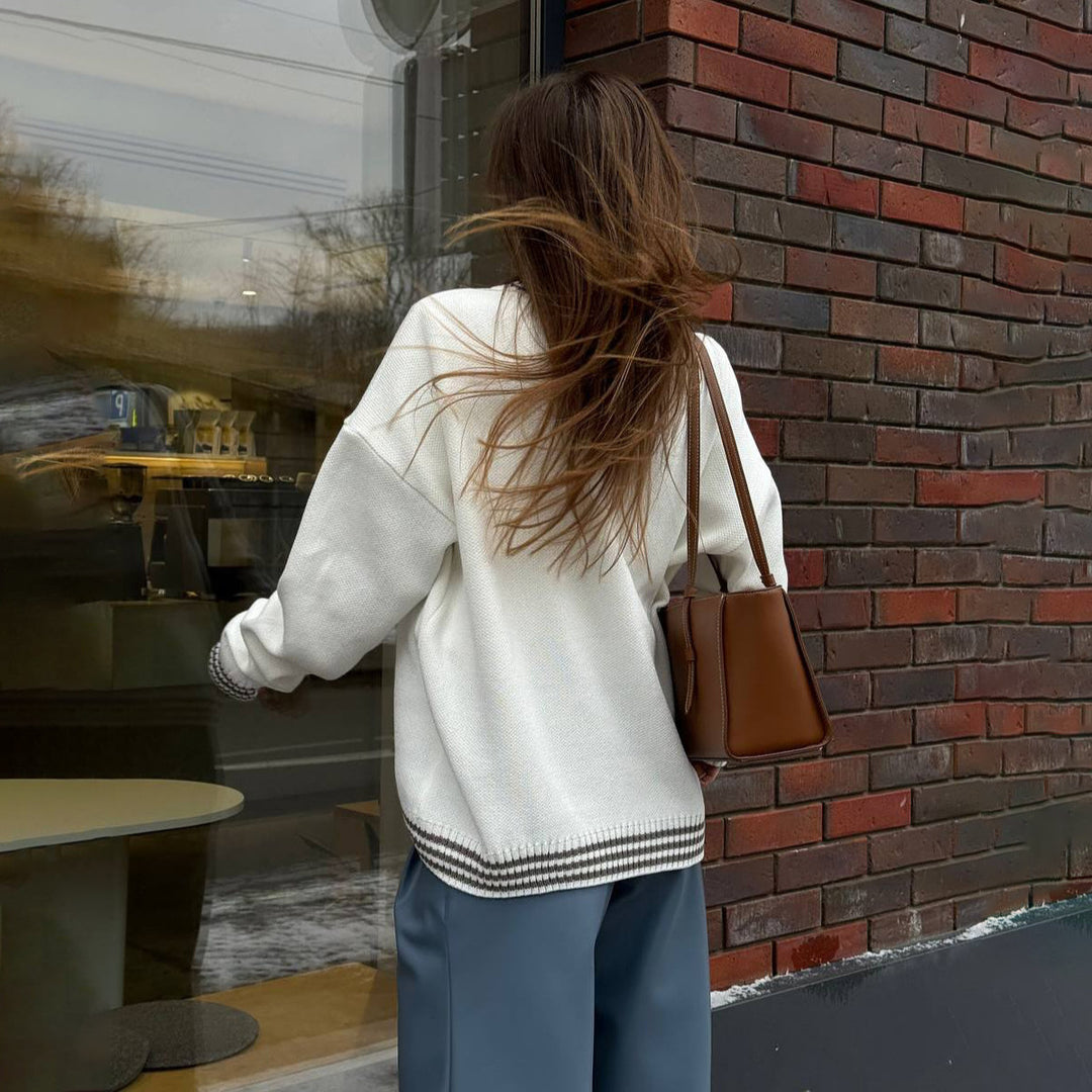 Damen Oversized Strickpullover mit grafischem Schriftzug Drune