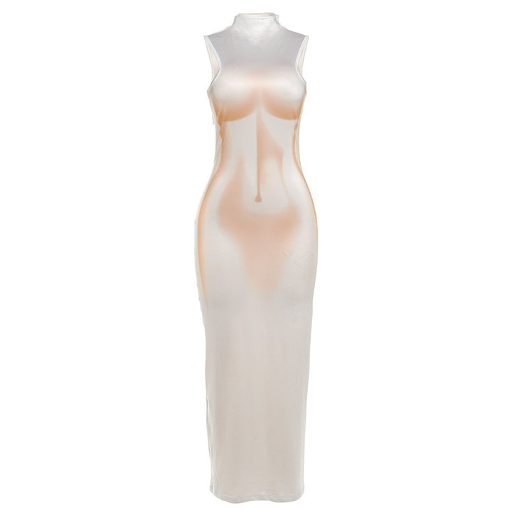 Damen Elegantes, figurbetontes Abendkleid mit hohem Kragen und transparentem Stoff Drune