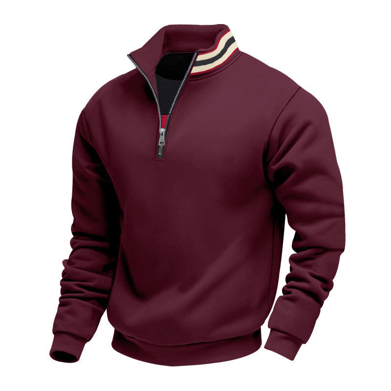 Herren nan Stehkragen-Halbzip-Sweatshirt aus Baumwollfleece mit Kontraststreifen am Kragen und gerippten Bündchen Drune