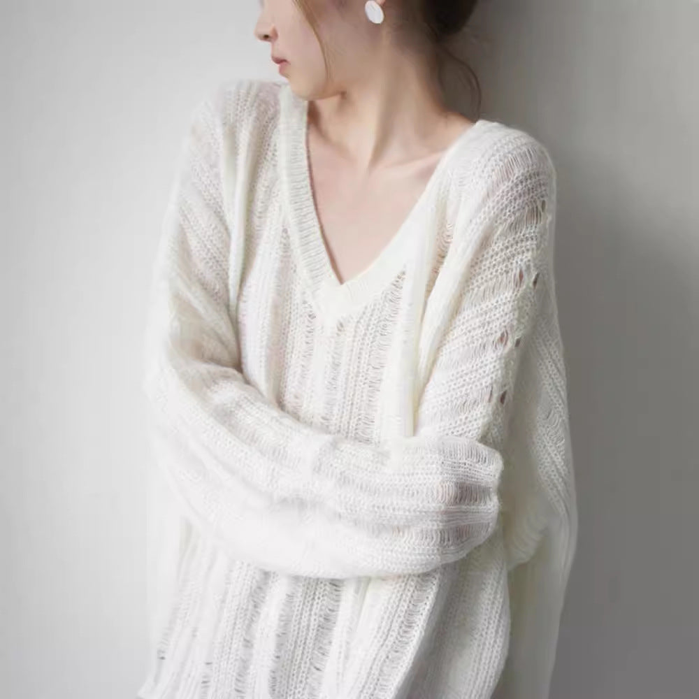 Damen Grobstrickpullover mit tiefem V-Ausschnitt und lässigem Schnitt Drune