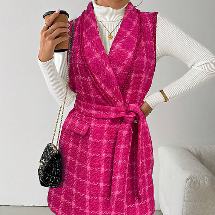 Damen Wickelkleid mit Karomuster und Taillengürtel Drune