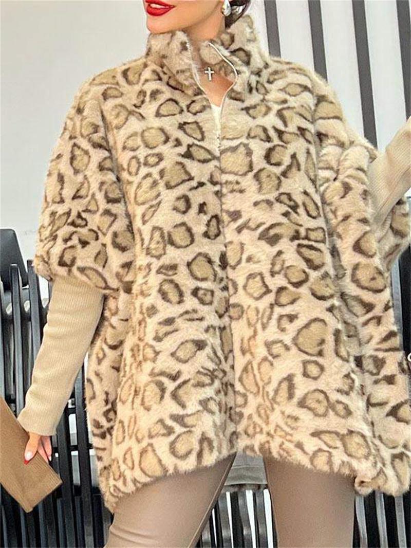 Damen Steppmantel mit Leopardenmuster und hohem Kragen Drune