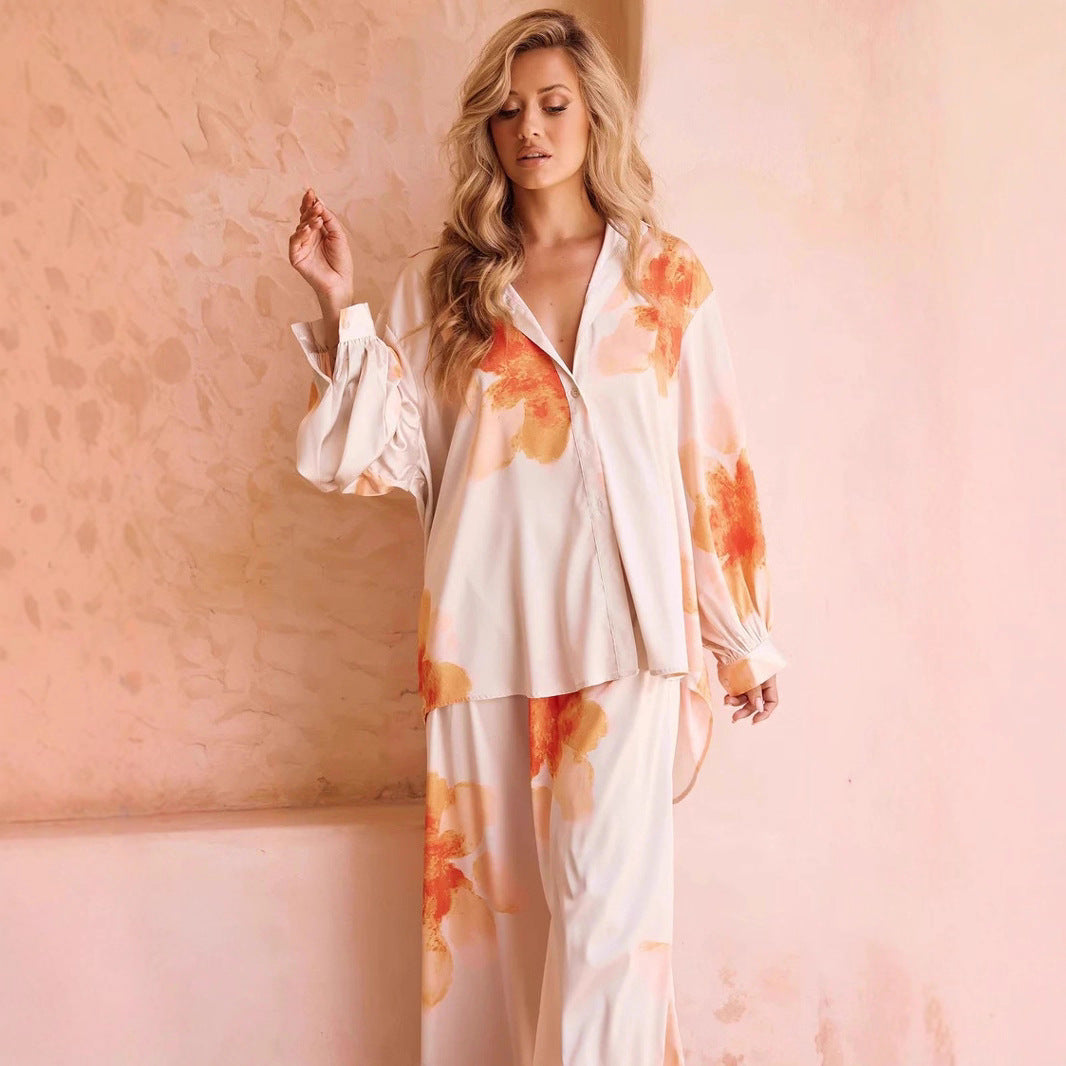 Damen elegante Schlafanzugset mit floralem Muster und weitem Schnitt Drune